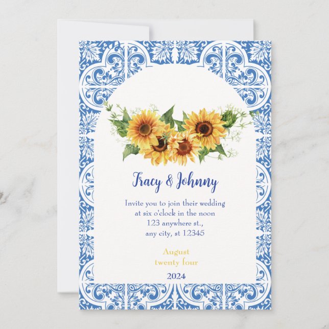 Tarjeta de boda de girasoles con baldosas modernas (Anverso)
