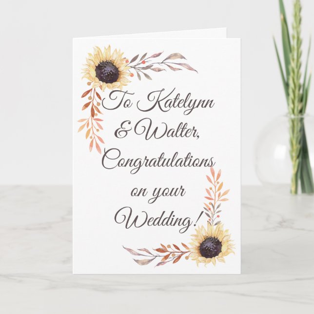 Tarjeta de boda de girasoles con mensaje personali (Anverso)