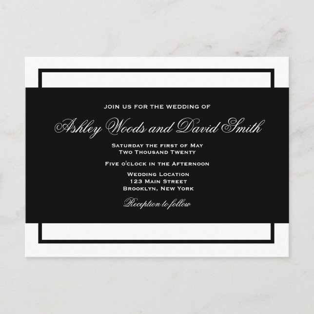 Tarjeta de Boda de guiones elegantes en blanco y n (Anverso)