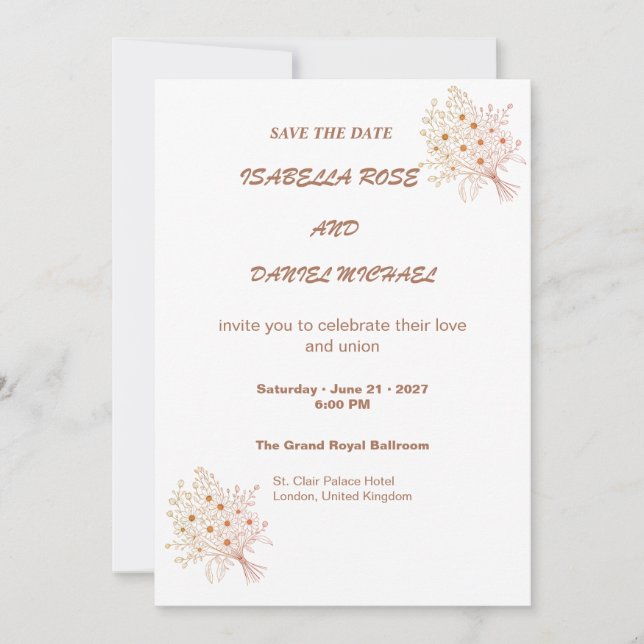 Tarjeta de boda de línea de arte marrón moderno pa (Anverso)