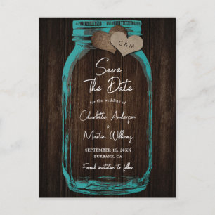 Tarjeta de boda de madera de frasco de albañil azu