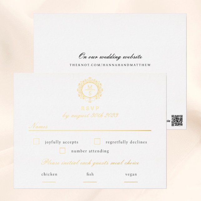Tarjeta de Boda de monograma dorado RSVP (I wish you happiness!)