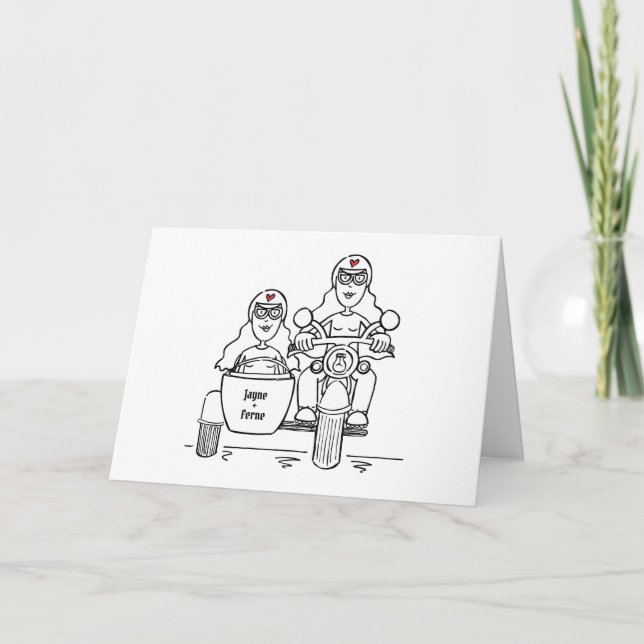 Tarjeta de boda de moto y sidecar para dos novias (Anverso)