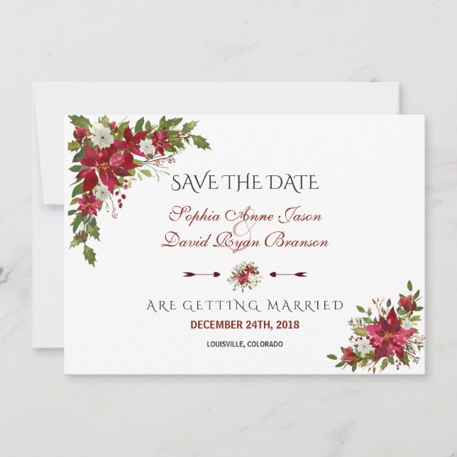 Tarjeta de Boda de Navidad Roja Poinsettia Save Th (Anverso)