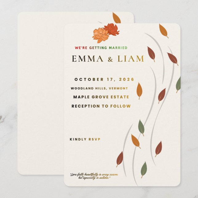 Tarjeta de boda de octubre moderna | Boda de la na (Anverso / Reverso)