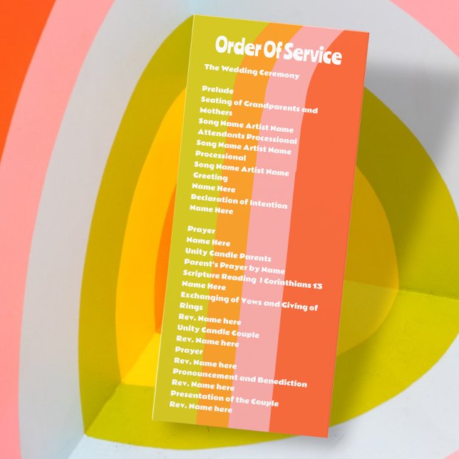 Tarjeta de Boda de Orden de Servicio de Citrus Ret (Retro Citrus Order of Service Wedding Card from Ricaso for a Fun Bold Adventurous Couple)