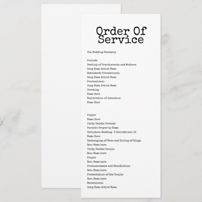 Tarjeta de Boda de Orden de servicio de máquina de (Anverso / Reverso)