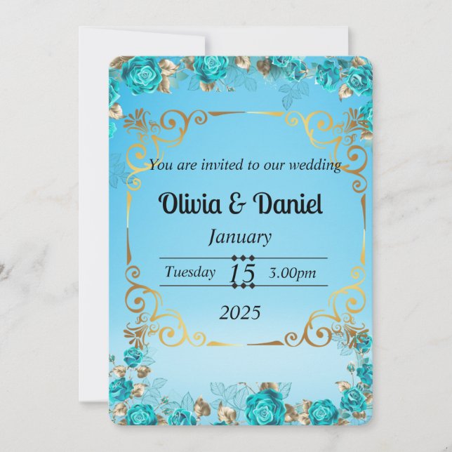 tarjeta de boda de oro floral azul claro para bebé (Anverso)