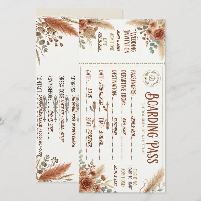 Tarjeta de boda de pasaje de embarque rústico para (Anverso / Reverso)