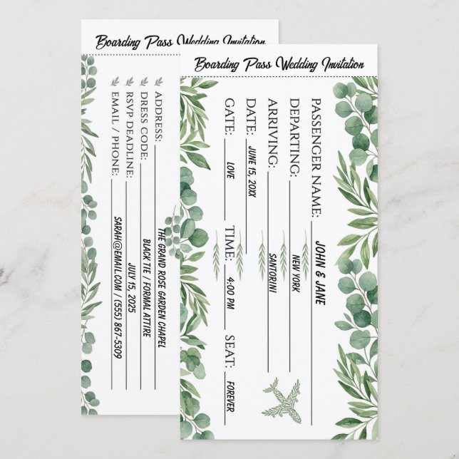 Tarjeta de boda de pase de abordar con vegetación  (Anverso / Reverso)