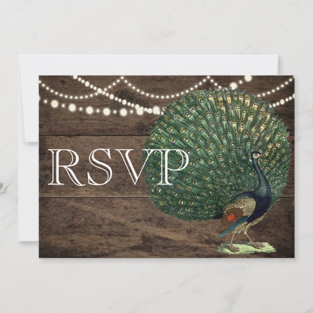 Tarjeta de Boda de Peacock Verde azulado de Madera (Anverso)