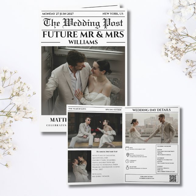 Tarjeta de boda de periódico para guardar la fecha (Newspaper Wedding Save The Date unique black and white modern couple vintage retro elegante )