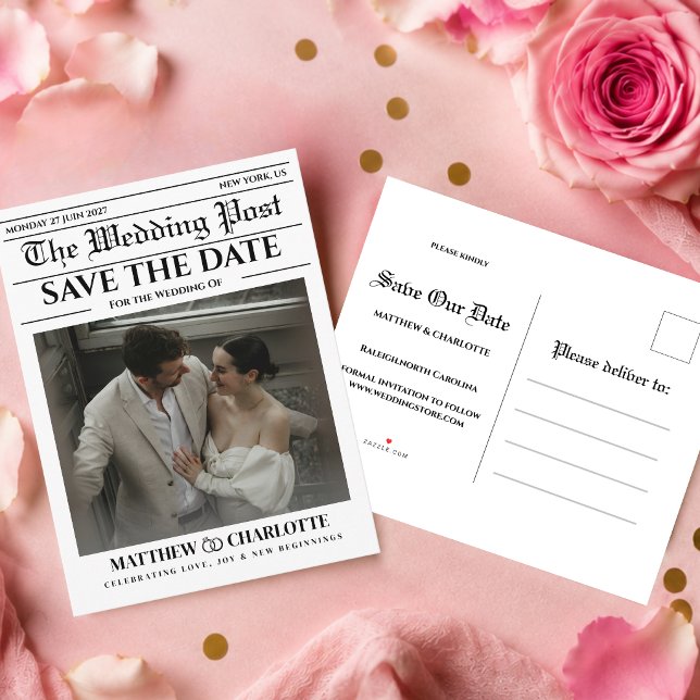 Tarjeta de boda de periódico para guardar la fecha (newspaper save the date unique black and white fun vintage retro )