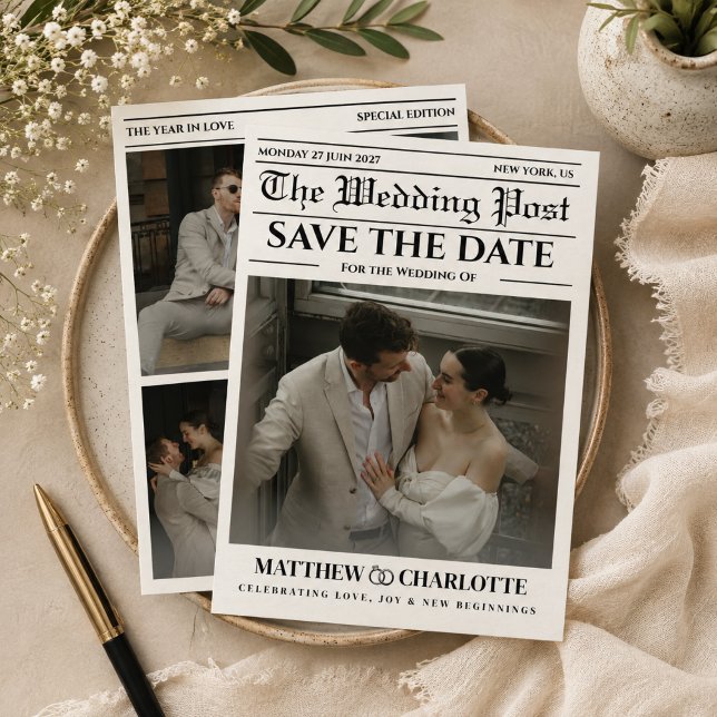 Tarjeta de boda de periódico para guardar la fecha (newspaper wedding save the date cards black and white unique fun classic retro)