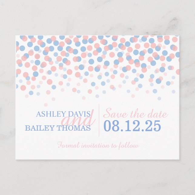 Tarjeta de boda de puntos de confeti azules y rosa (Anverso)