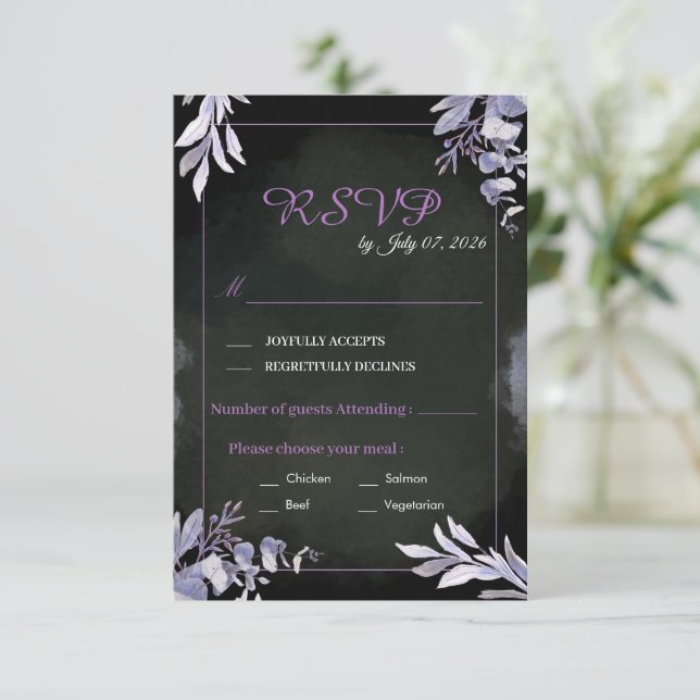 Tarjeta de boda de respuesta con flores de lavanda (Anverso de pie)