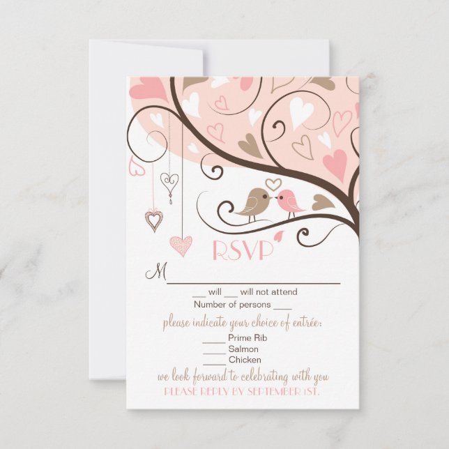 Tarjeta de boda de RSVP de tórtolas rosadas y marr (Anverso)