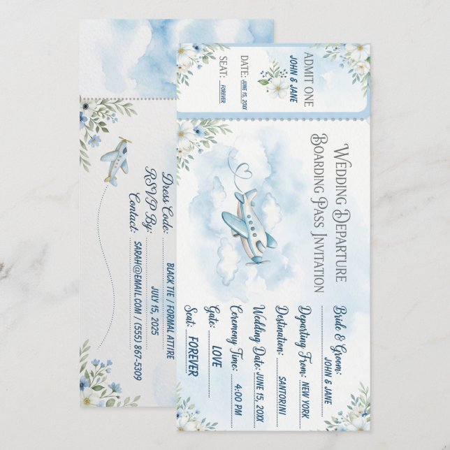 Tarjeta de boda de tarjeta de embarque azul cielo  (Anverso / Reverso)