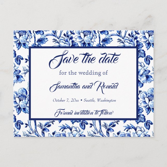 Tarjeta de boda de toile floral azul y blanco para (Anverso)