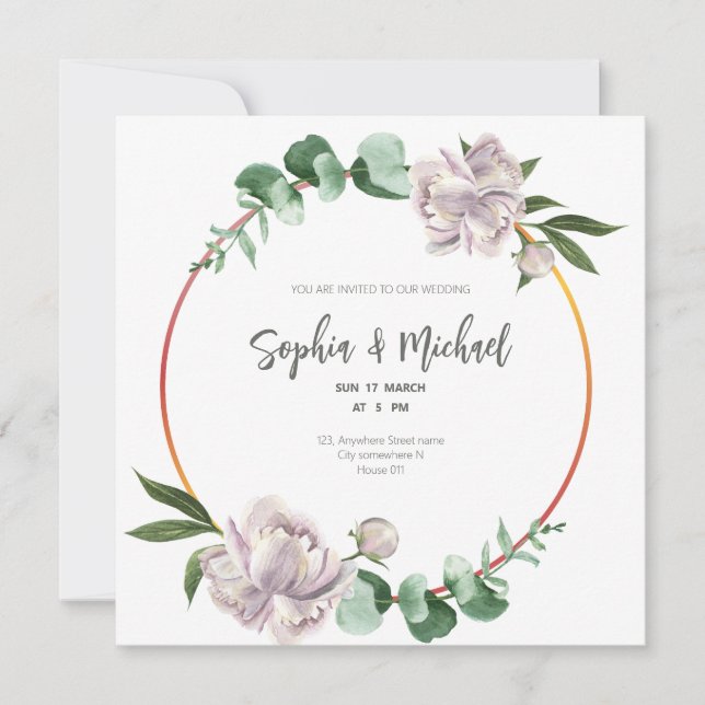 Tarjeta de boda elegante con círculo de vegetación (Anverso)