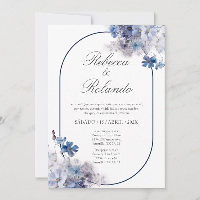Tarjeta de boda elegante con flor azul en español (Anverso)