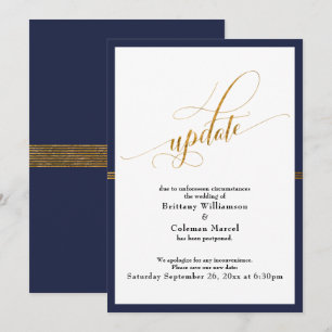 Tarjeta de boda elegante pospuesta con raya dorada