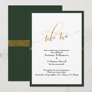 Tarjeta de boda elegante pospuesta con raya verde 