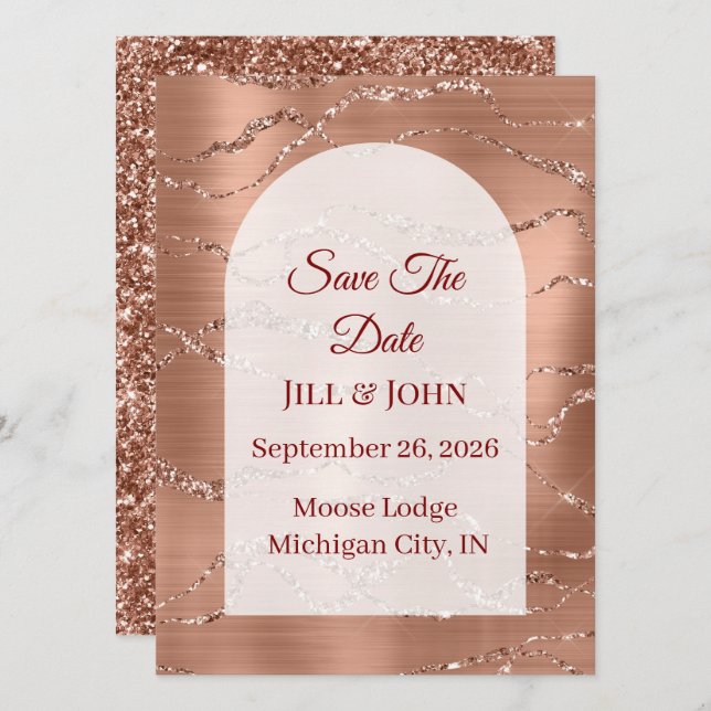 Tarjeta de boda en arco de oro rosa para guardar l (Anverso / Reverso)