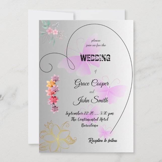 Tarjeta de boda en blanco y negro suave con flores (Anverso)