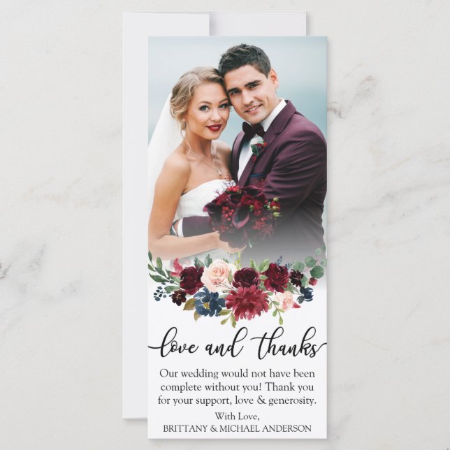 Tarjeta de Boda floral azul borgoña de amor y agra (Anverso)