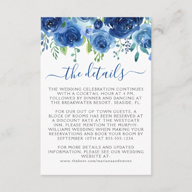 Tarjeta de Boda floral azul de la Marina (Anverso)