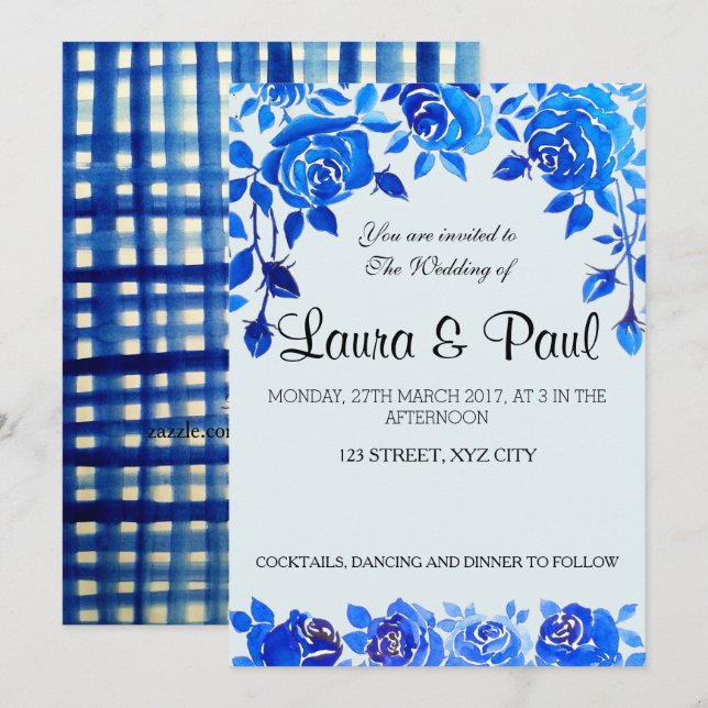 Tarjeta de Boda floral azul índigo (Anverso / Reverso)