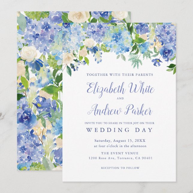 Tarjeta de Boda floral Blue Watercolor hidrangea (Anverso / Reverso)