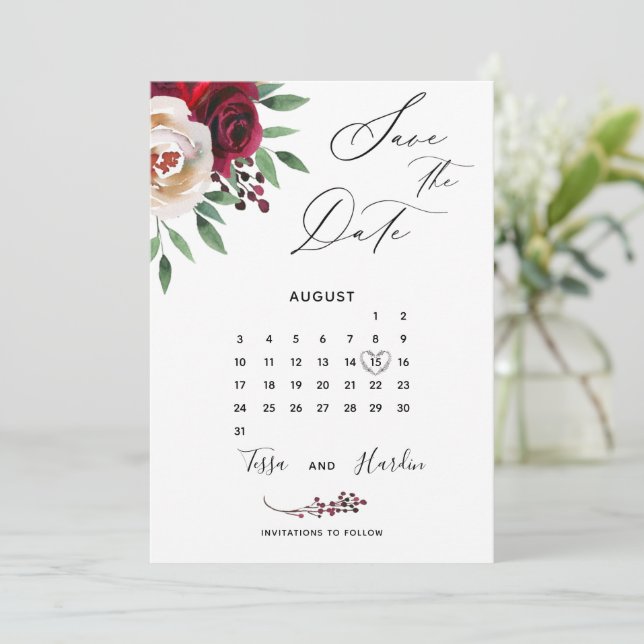 Tarjeta de boda floral borgoña para guardar la fec (Anverso de pie)