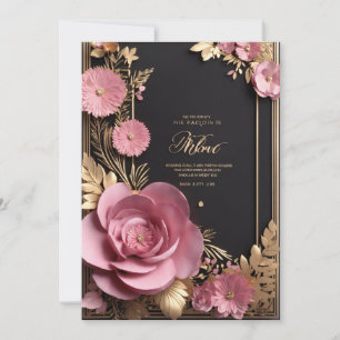 Tarjeta de boda floral de 3d de oro rosa negro