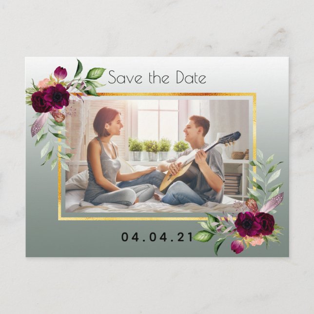 Tarjeta de boda floral de foto verde salvia para g (Anverso)