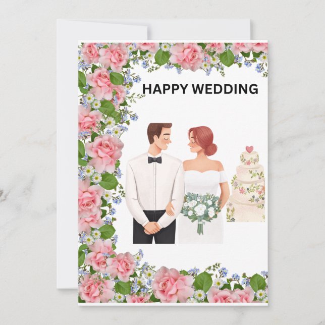 Tarjeta de boda floral de novios románticos (Anverso)