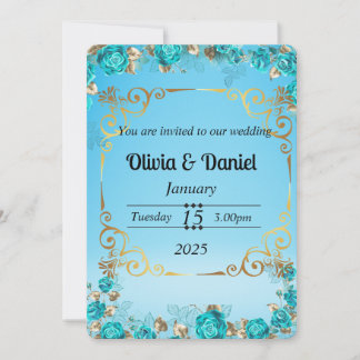 tarjeta de boda floral dorada azul bebé ligera