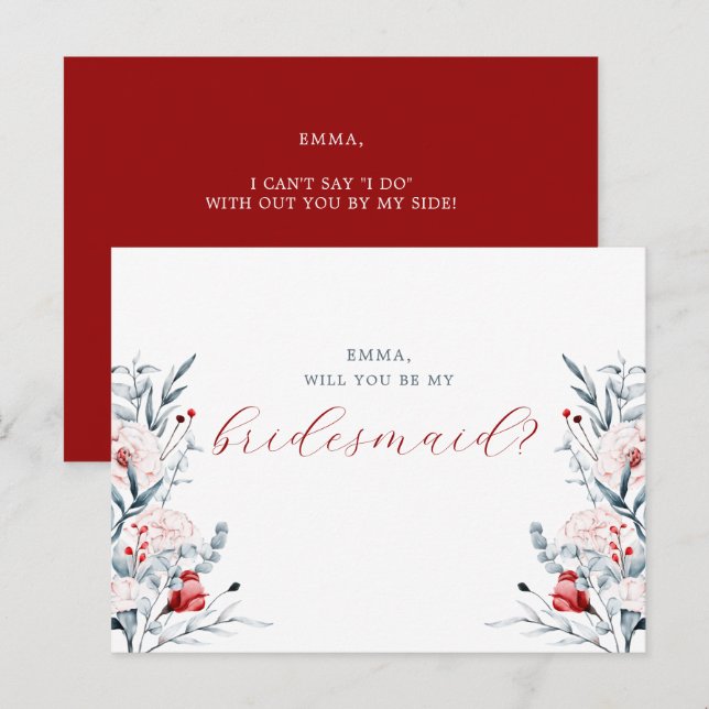 Tarjeta de Boda Floral Flower Rojo Y Azul (Anverso / Reverso)