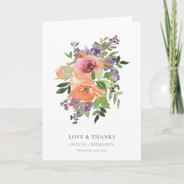 Tarjeta de boda floral naranja púrpura personaliza (Anverso)