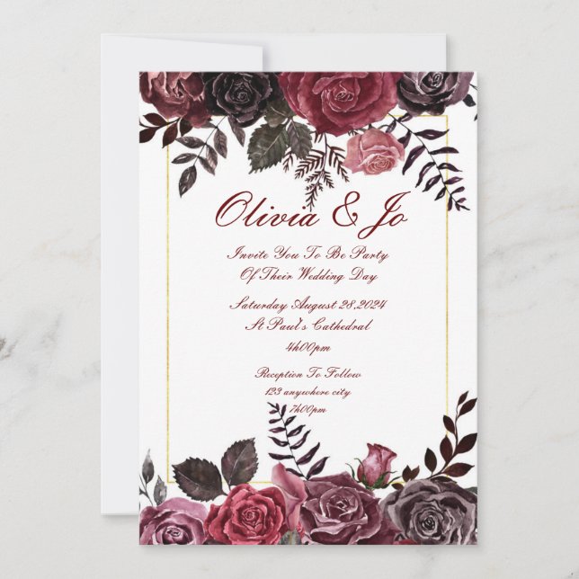TARJETA DE BODA FLORAL OTOÑO BORGOÑA (Anverso)