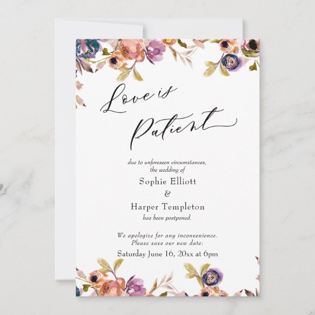 Tarjeta de boda floral pospuesta con amor paciente (Anverso)