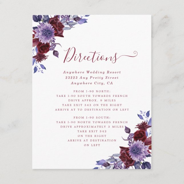 Tarjeta de Boda floral púrpura y blanca (Anverso)