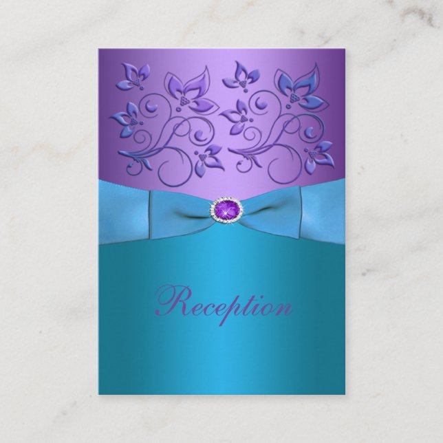 Tarjeta de Boda floral púrpura y turquesa (Anverso)