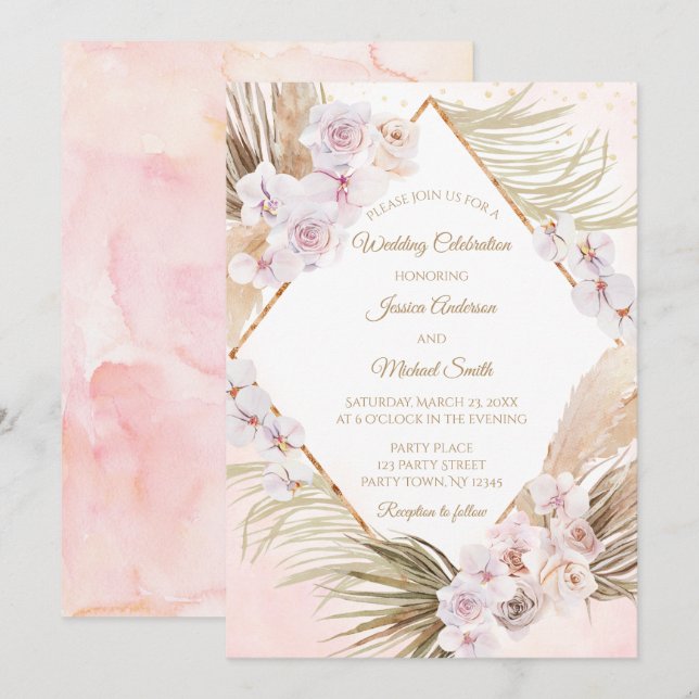 Tarjeta de Boda floral rosa y dorada con acuarela (Anverso / Reverso)