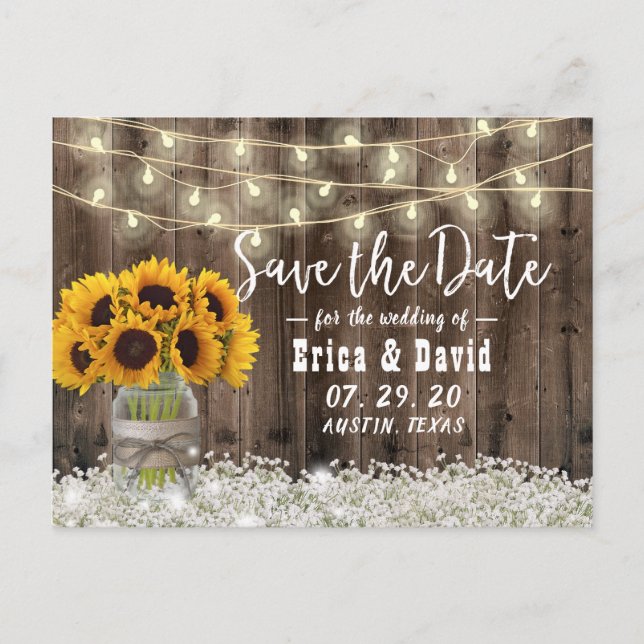 Tarjeta de boda floral rústica de girasol para gua (Anverso)