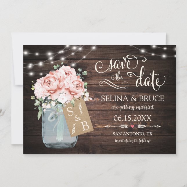 Tarjeta de boda floral sonrosado rústico de madera (Anverso)