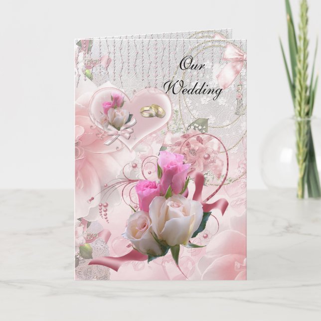 Tarjeta de boda Flores rosadas Anillos (Anverso)