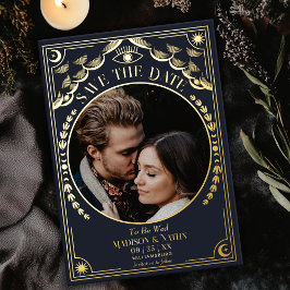 Tarjeta de boda gótica con Tarot dorado para guard
