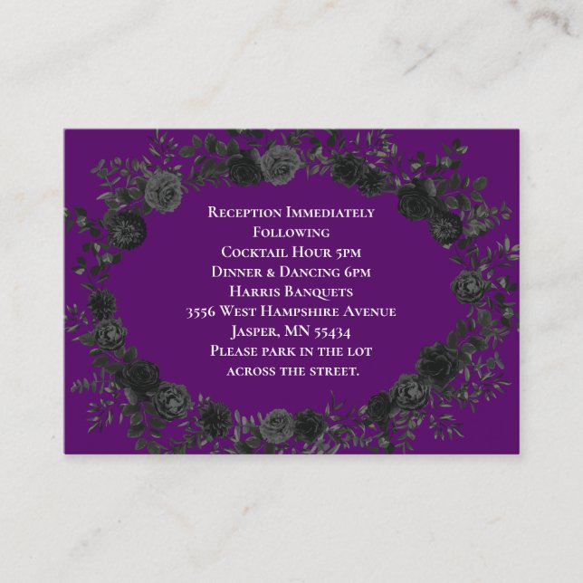 Tarjeta de Boda gótica morado y negro Rosa (Anverso)